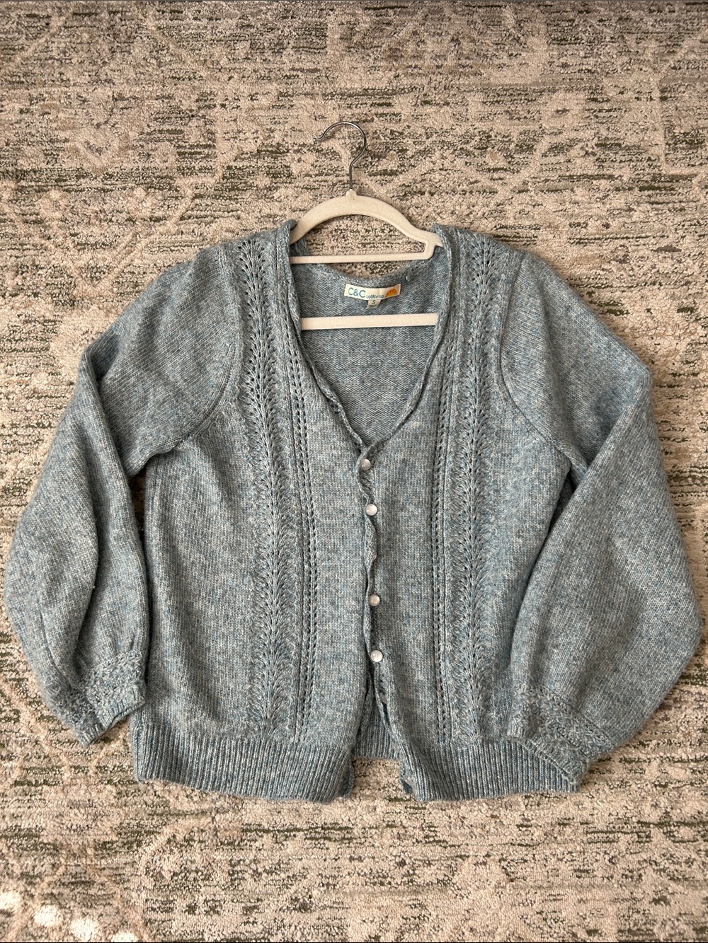 C&C California Heathered Light Blue Cable-Panel Button Cardigan
